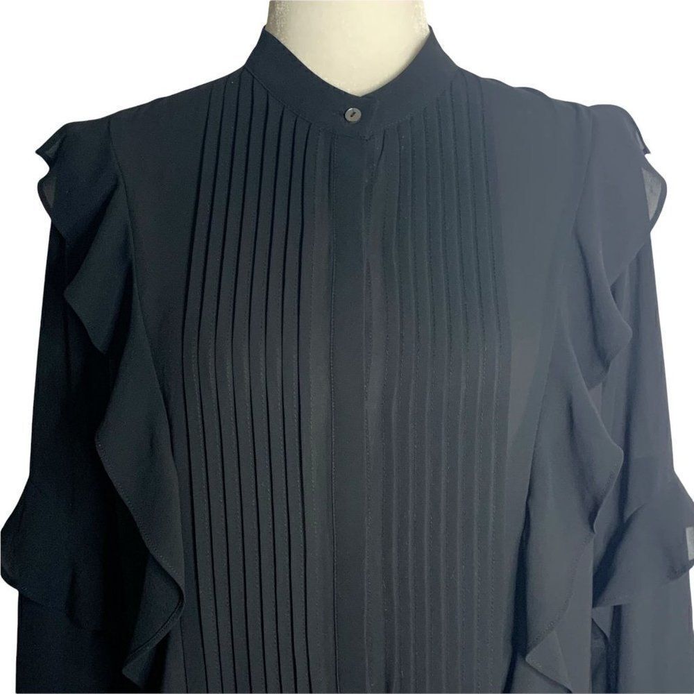Avec Les Filles Button Down Shirt S Black Accordion Pleat Ruffles Long Sleeves